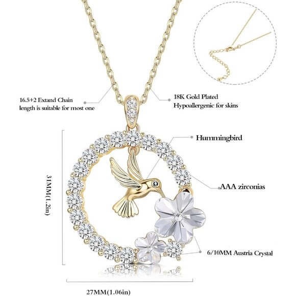 18K Gold Plated Hummingbird Pendant Necklace for Women Circle Necklace Jewelry - Picture 4 of 7